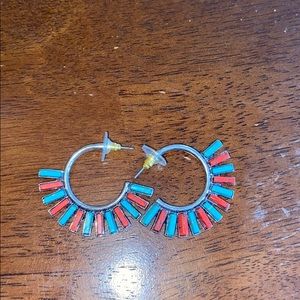 Red and Turquoise Silver  Earrings Half Circle